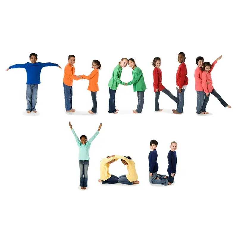Kids spell out "thank you" with their bodies, showing that manners can be fun!