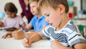 A young boy is learning to write his name while sitting at a desk at preschool.